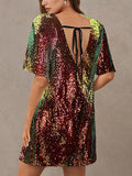 Women's Crew Neck Sequin Dress for Women Sexy V Neck Shirt Dresses Sparkly Shift Mini Dress
