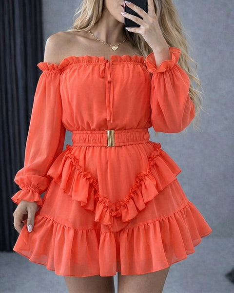 Women's Off Shoulder Frill Trim Mini A Line Dress Flowy Chiffon Ruffle   Divahotcouture