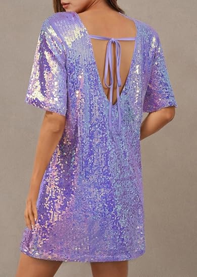 Women's Crew Neck Sequin Dress for Women Sexy V Neck Shirt Dresses Sparkly Shift Mini Dress