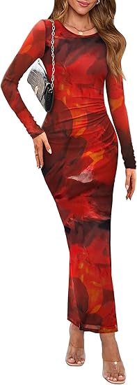 Women's Bodycon Maxi Dress Fall Fashion Long Sleeve Floral Print Tight – Divahotcouture
