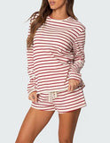 Women Striped 2 Piece Outfits Long Sleeve Sweatshirt Lounge Shorts Set Casual Color Block Matching Sets