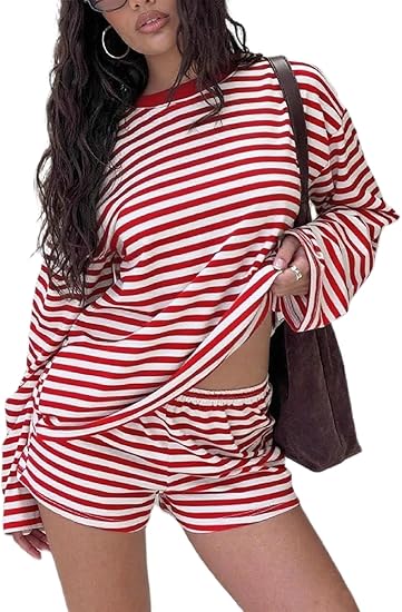 Women Striped 2 Piece Outfits Long Sleeve Sweatshirt Lounge Shorts Set Casual Color Block Matching Sets