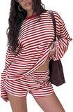 Women Striped 2 Piece Outfits Long Sleeve Sweatshirt Lounge Shorts Set Casual Color Block Matching Sets