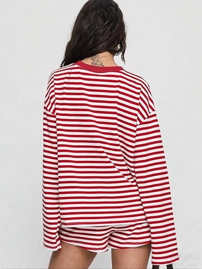 Women Striped 2 Piece Outfits Long Sleeve Sweatshirt Lounge Shorts Set Casual Color Block Matching Sets