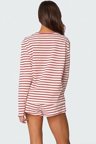 Women Striped 2 Piece Outfits Long Sleeve Sweatshirt Lounge Shorts Set Casual Color Block Matching Sets