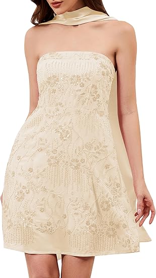 Women White floral beaded Strapless Sequin Mini Dress with Scarf