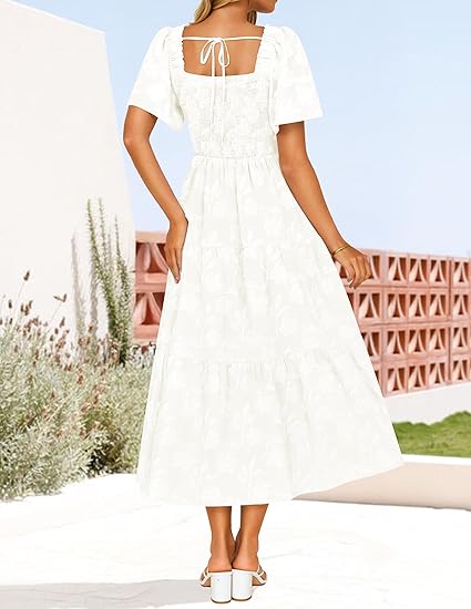 Women's Summer Boho Floral Midi Dress 2026 Casual Short Sleeve Square – Divahotcouture