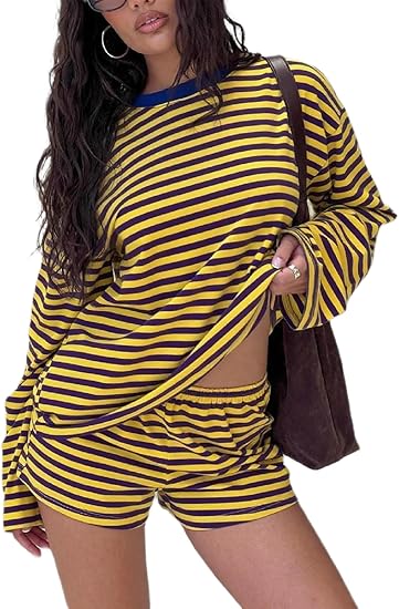 Women Striped 2 Piece Outfits Long Sleeve Sweatshirt Lounge Shorts Set Casual Color Block Matching Sets