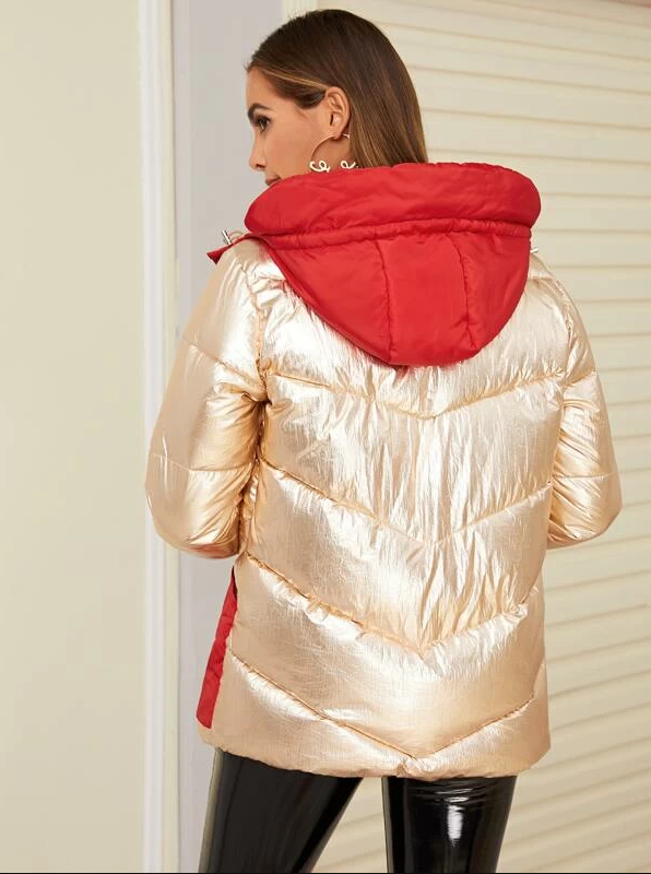 Metallic Contrast Panel Hooded Puffer Coat
