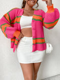 Qutie Plus Striped Pattern Lantern Sleeve Cardigan