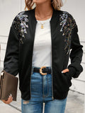 Contrast Sequin Drop Shoulder Zip Up Bomber Jacket