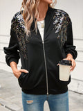 Contrast Sequin Drop Shoulder Zip Up Bomber Jacket