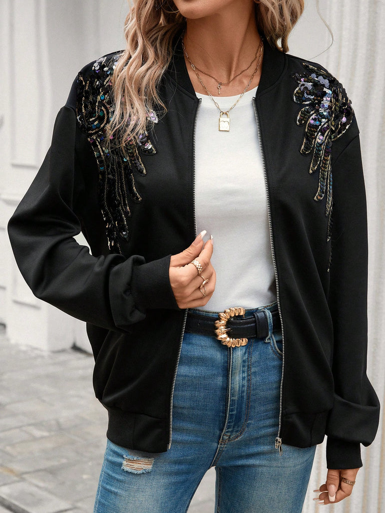 Contrast Sequin Drop Shoulder Zip Up Bomber Jacket