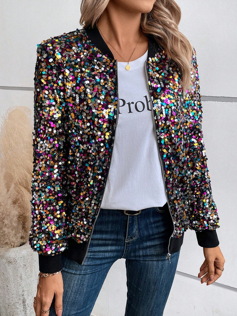 Zip Up Sequin Bomber Jacket