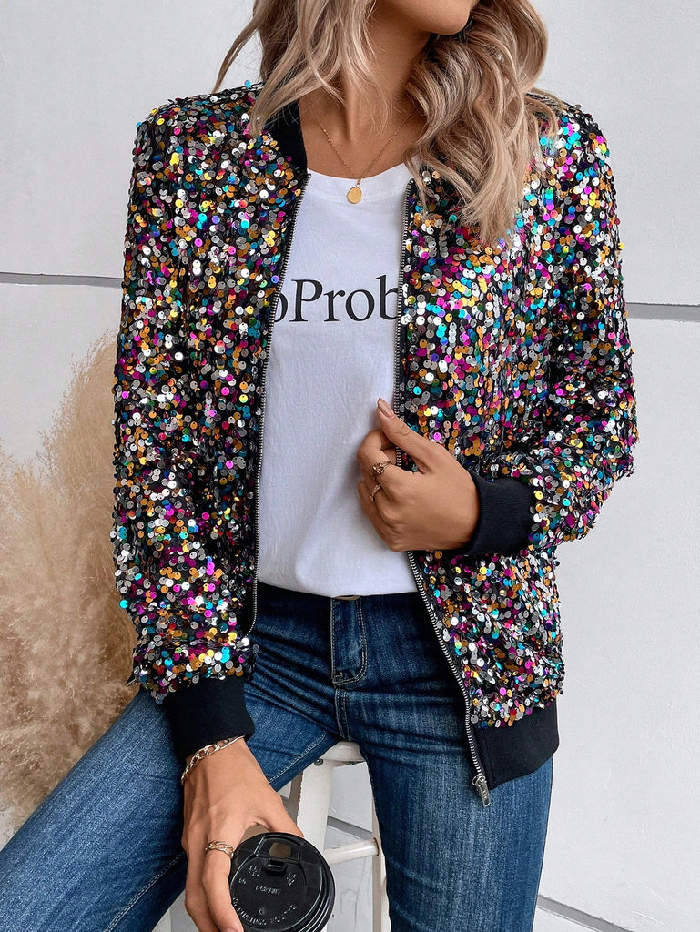 Zip Up Sequin Bomber Jacket