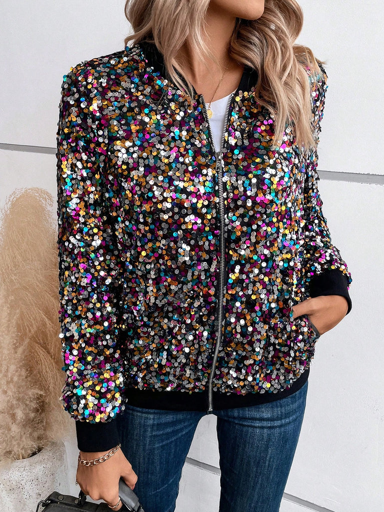 Zip Up Sequin Bomber Jacket