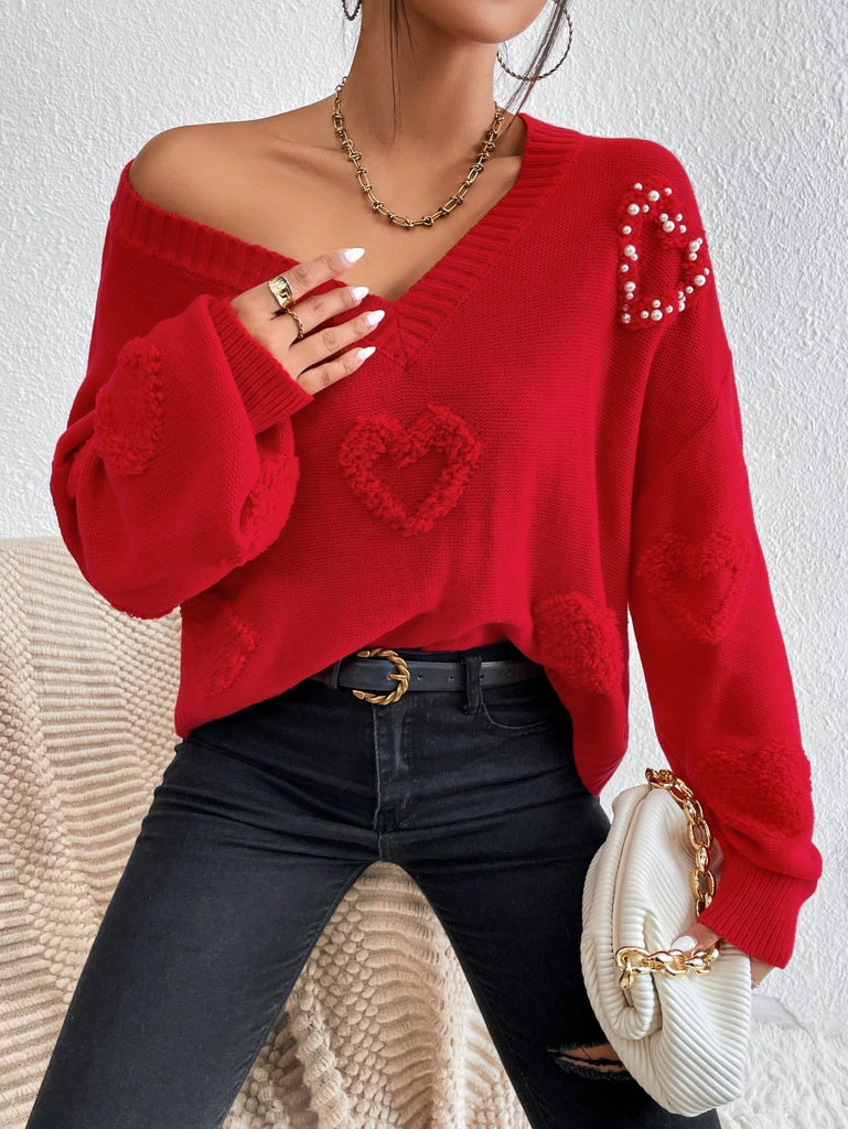 Heart Pattern Drop Shoulder Sweater