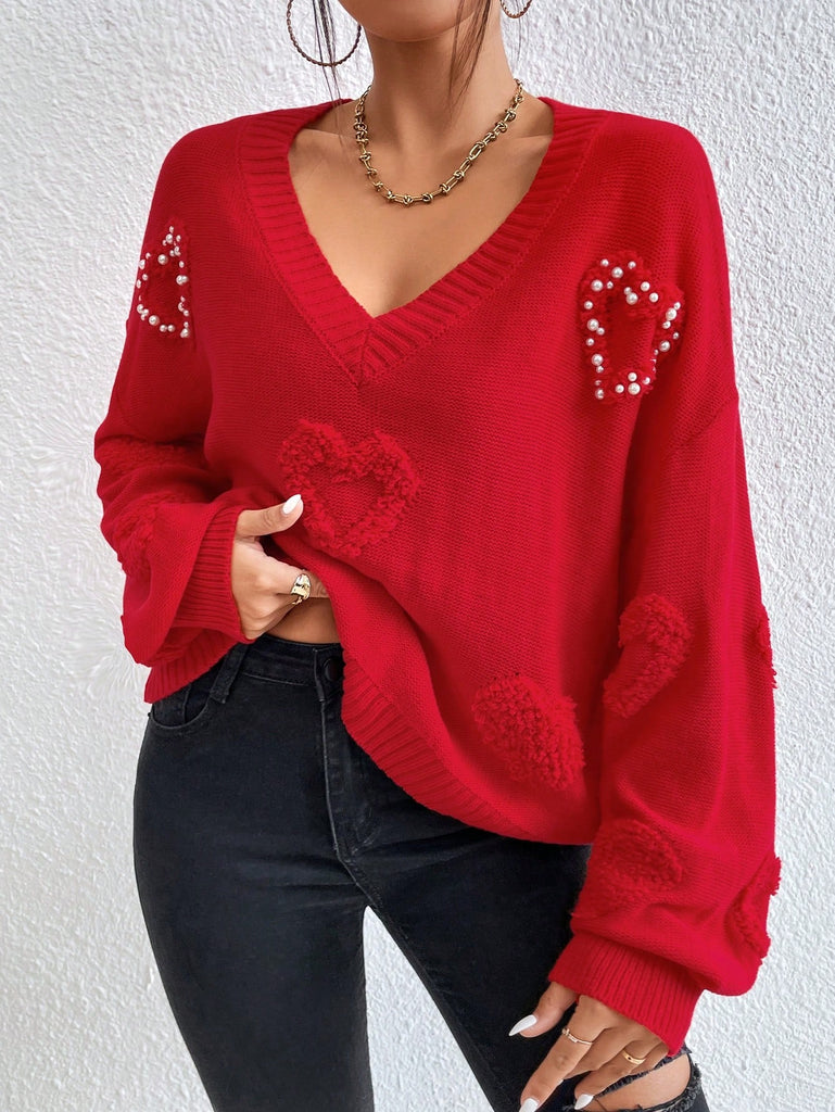 Heart Pattern Drop Shoulder Sweater