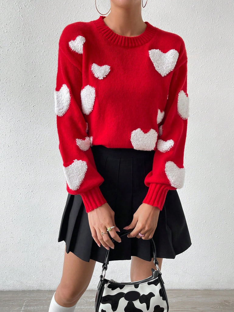Heart Knit Drop Shoulder Sweater