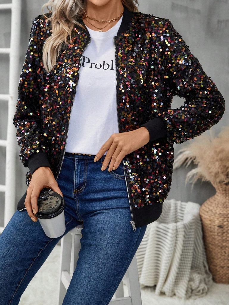 Zip Up Sequin Bomber Jacket