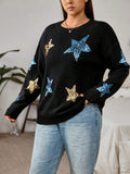 Plus Sequin Star Pattern Drop Shoulder Sweater