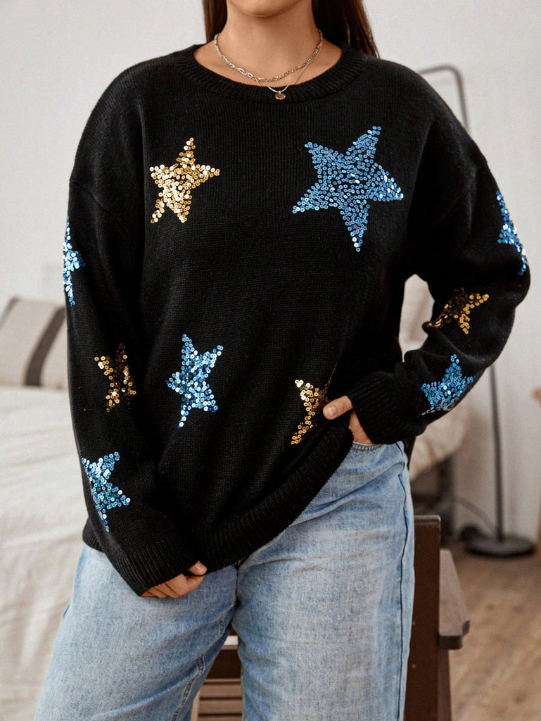Plus Sequin Star Pattern Drop Shoulder Sweater