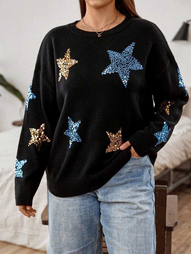 Plus Sequin Star Pattern Drop Shoulder Sweater