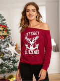 Elk & Slogan Graphic Oblique Shoulder New Year Tee