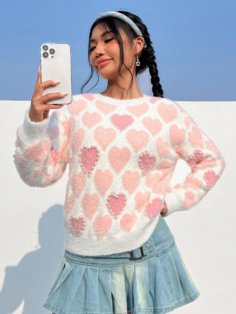 Heart Patterned Sweater With Beaded Pearls