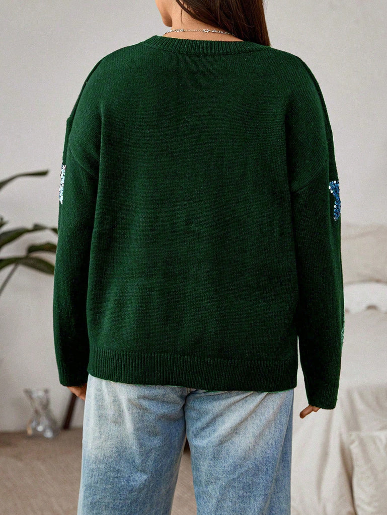 Plus Sequin Star Pattern Drop Shoulder Sweater