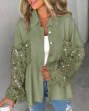 Contrast Sequin Tassel Design Fuzzy Patchwork Shacket