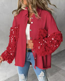 Contrast Sequin Tassel Design Fuzzy Patchwork Shacket