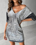 Contrast Sequin Velvet V-Neck Casual Dress