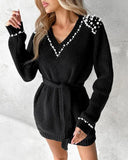 Beaded Tied Deatil Knit Sweater Dress