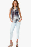 Stripe Horizontal Vertical Black White Button Down Sleeveless Shirt
