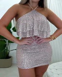 Halter Ruffles Allover Sequin Top & Skorts Set
