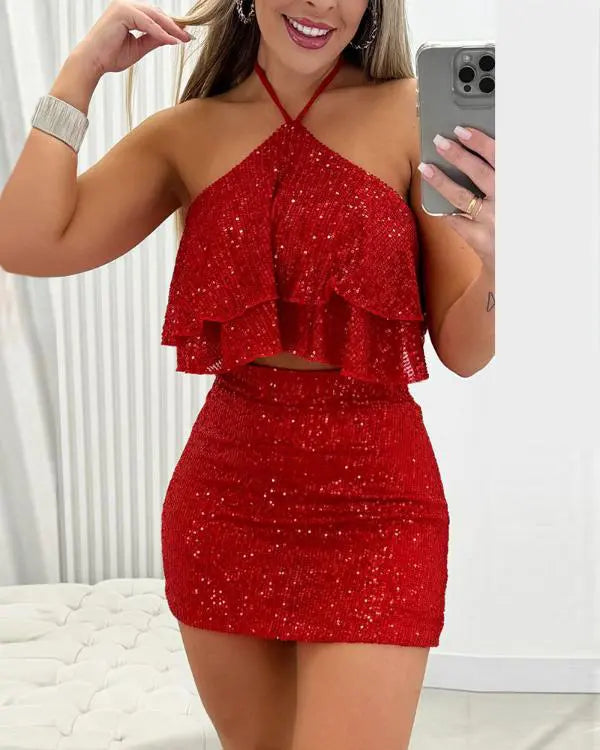 Halter Ruffles Allover Sequin Top & Skorts Set