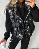 Contrast Sequin Pearls Decor Vest Puffer Coat