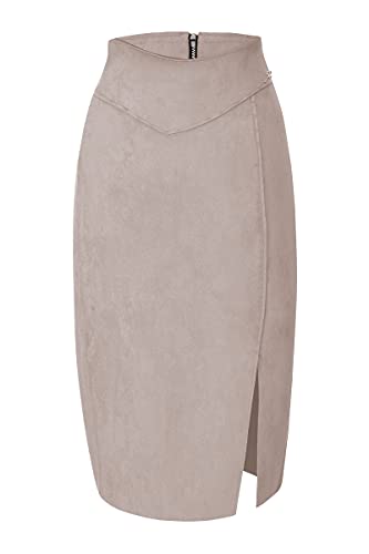 Bellivera Women Faux Suede Leather Pencil Skirt, Spring Fall Casual Midi Skirts Spring and Summer Hip Wrapped Back Split FF21 Camel L