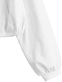 Women's Crop Zip Placket Front Basic Collar Pullover Sweatshirt Butterfly White