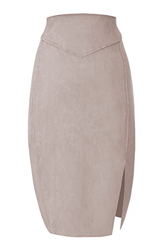 Bellivera Women Faux Suede Leather Pencil Skirt, Spring Fall Casual Midi Skirts Spring and Summer Hip Wrapped Back Split FF21 Camel L