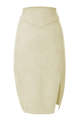 Bellivera Women Faux Suede Leather Pencil Skirt, Spring Fall Casual Midi Skirts Spring and Summer Hip Wrapped Back Split FF21 Camel L