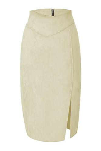 Bellivera Women Faux Suede Leather Pencil Skirt, Spring Fall Casual Midi Skirts Spring and Summer Hip Wrapped Back Split FF21 Camel L