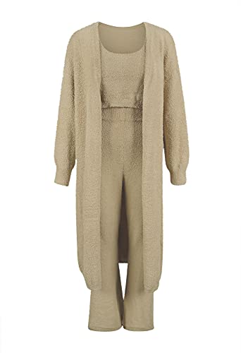 Womens Fuzzy Fleece 3 Piece Pajama Set Tank Crop Tops Pants Open Front Cardigan Lounge Outfit Light Blue S