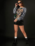 Women's Figure Graphic Print Sweatshirt Round Neck Long Sleeve Contrast Color Graffiti Pullovers Brown L