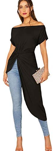 Women's Elegant Asymmetrical Twist Front Off Shoulder Top Plain High Low Blouse