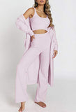 Womens Fuzzy Fleece 3 Piece Pajama Set Tank Crop Tops Pants Open Front Cardigan Lounge Outfit Light Blue S