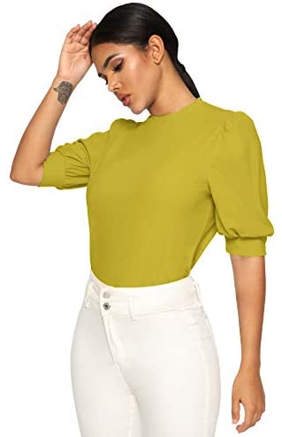 Puff Sleeve Casual Solid Top Pullover Keyhole Back Blouse Green