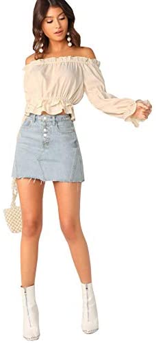 Women's Sexy Striped Off Shoulder Long Sleeve Shirt Ruffle Trim Blouses Top