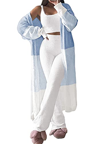 Womens Fuzzy Fleece 3 Piece Pajama Set Tank Crop Tops Pants Open Front Cardigan Lounge Outfit Light Blue S